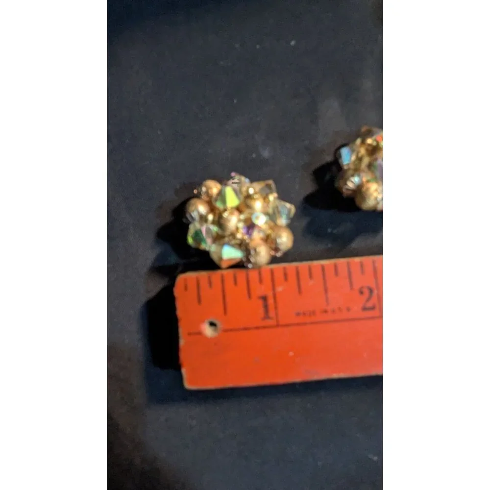 Vintage Clip-On Earrings Aurora Borealis‎ Crystal Beads Cluster Retro Estate